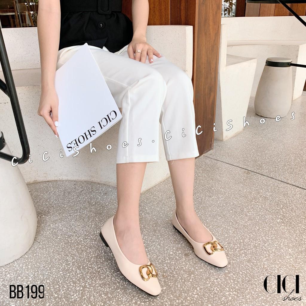 Giày búp bê nữ CiCi Shoes, giầy da lì mũi vuông khoá kim loại vàng xoắn - BB199