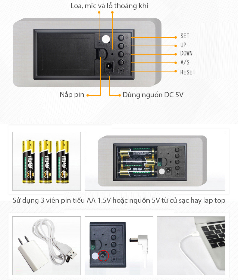 Đồng hồ LED báo thức đo nhiệt độ vỏ gỗ M1