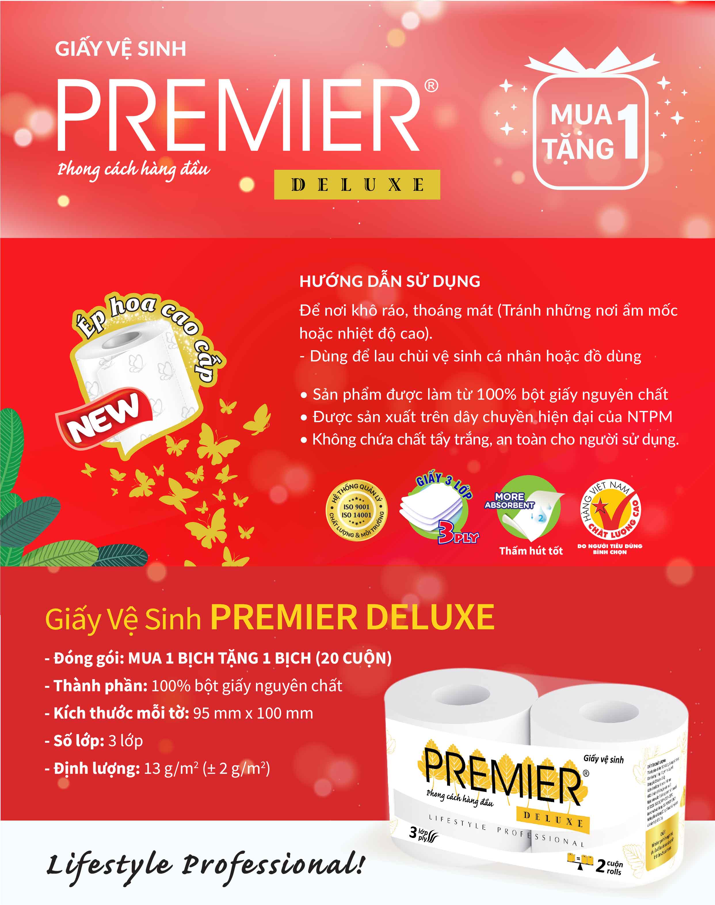 Giấy vệ sinh cao cấp Premier Deluxe có lõi, 3 lớp 100% bột giấy nguyên sinh, không chất tẩy lốc 10 cuộn