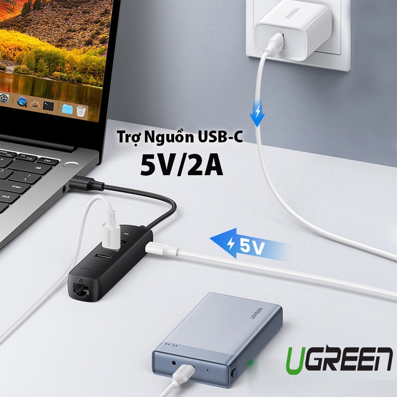 USB hub 2.0 sang 3 * USB 2.0 + Lan 10/100 hỗ trợ nguồn 5v Mbps nhựa ABS Ugreen 20984 CM416 Hàng chính hãng