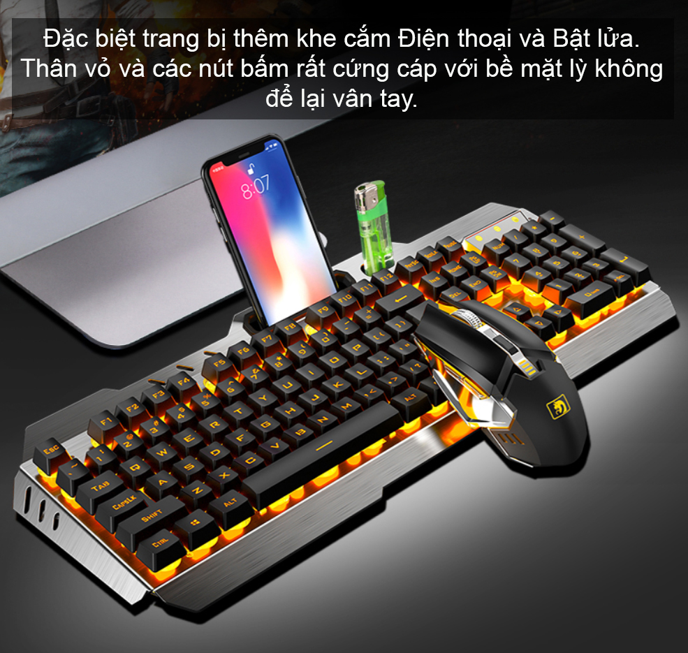 Bộ Bàn Phím + Chuột game Wireless có Pin Sạc và Ánh sáng (Có khe cắm Điện thoại, Bật lửa) - A670