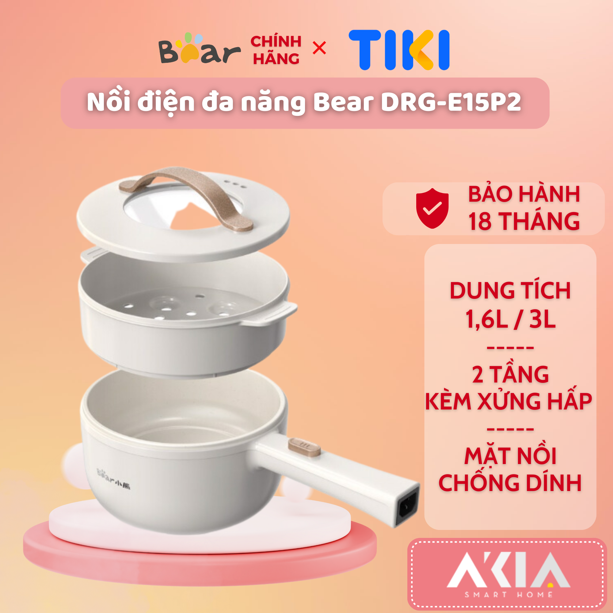 Nồi điện đa năng Bear 1.6L / 3L DRG-E15P2 - 2 tầng kèm xửng hấp, chống dính, 2 mức nhiệt độ - Hàng chính hãng