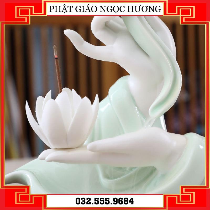 Thác khói Trầm Hương Bàn Tay Phật Cao Cấp - Thủ Ấn Tránh Ác Tarjani Mudra Hoa Sen - Cầm Sen Sứ Trắng Xanh Sen