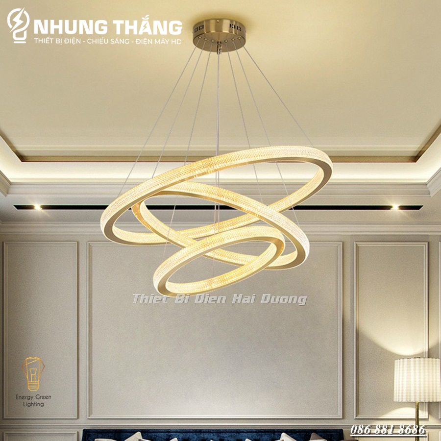Đèn Thả Trần 3 Vòng Pha Lê Thân Vàng TBD838 - 3 Chế Độ Ánh Sáng - Có Điều Khiển Từ Xa - Tăng giảm Ánh Sáng - Có Video