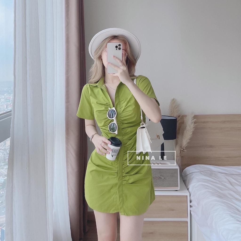 Đầm sơ mi tay ngắn phối hàng nút xếp ly màu sắc (Xanh, Trắng, Cam, Hồng) siêu xinh giúp nàng nổi bật dạo phố, đi biển