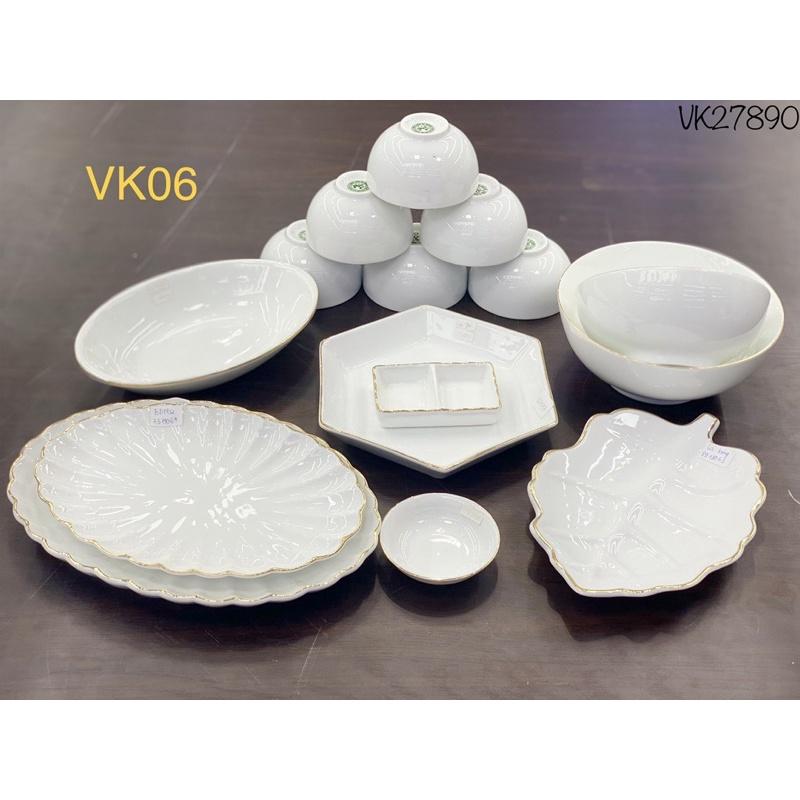 Bộ bát đĩa 15-17 món, men trắng ngọc, viền vẽ vàng kim. Gốm sứ Bát Tràng