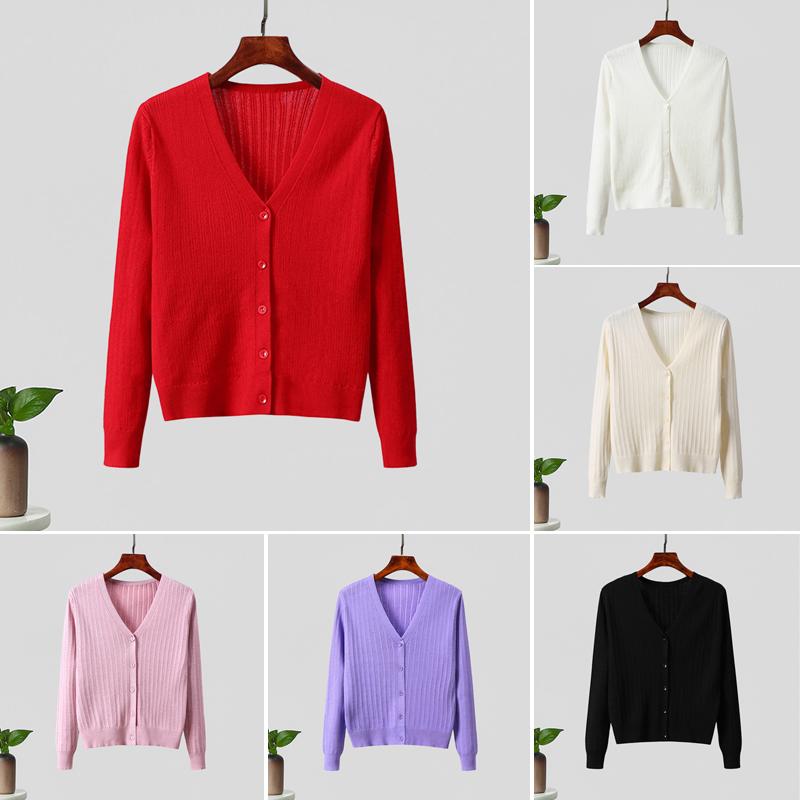 Women Solid Knitted Cardigan Coat Buttoned Front V Neck Long Sleeves Ribbed Autumn Spring Sweater Knitting Coat