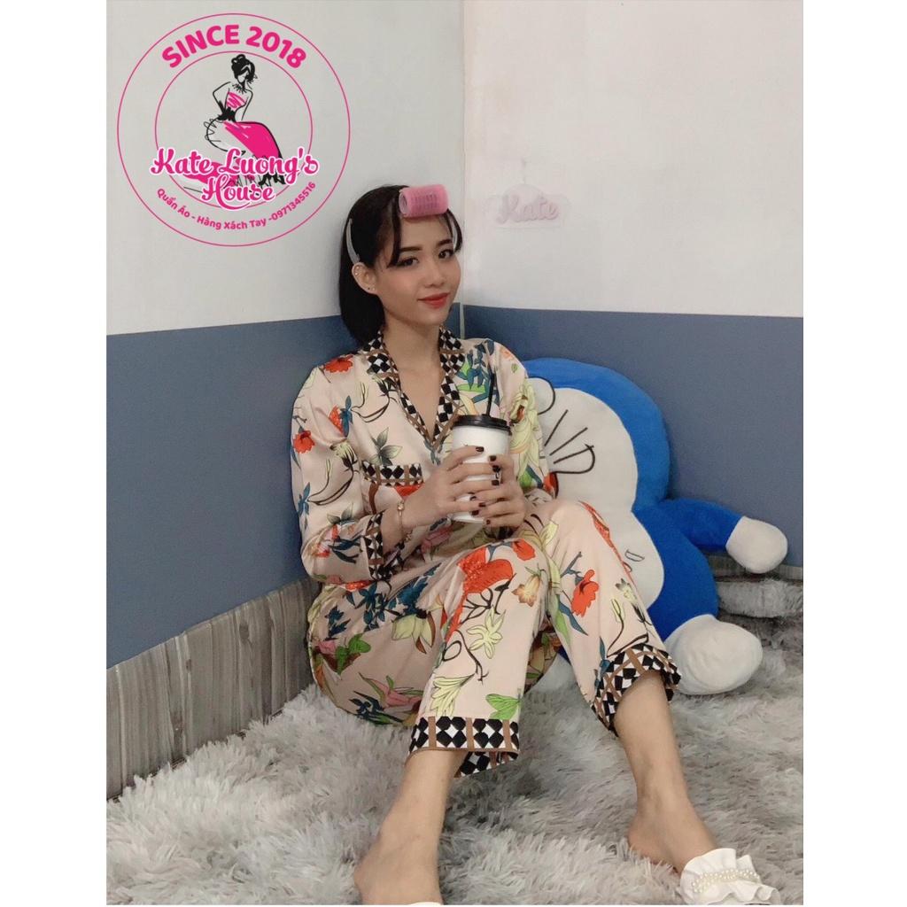 3.14. KLHSTORE2018 Bộ ngủ Pijama satin có 2 túi hoạ tiết hoa hồng NUDE chạy viền cổ sọc