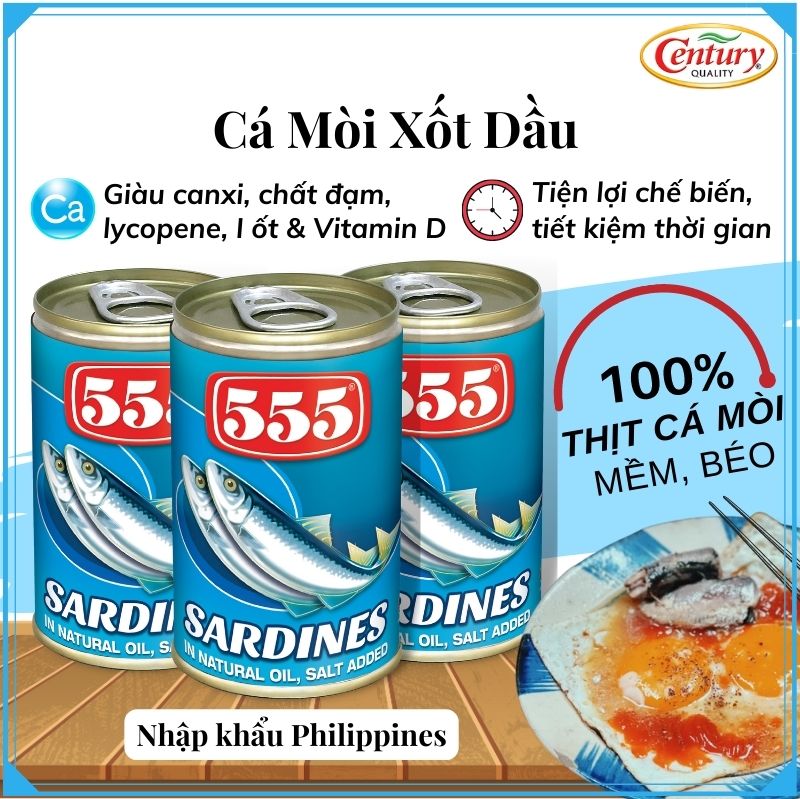 [Chính hãng] Cá mòi ngâm dầu 555 Philippines  - Khối lượng 155g x 3 hộp