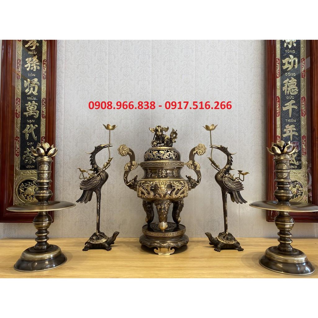 BỘ TAM SỰ SONG LONG CHẦU NGUYỆN CAO 60CM BẰNG ĐỒNG VÀNG MÀU HUN GIẢ CỔ GỒM 1 ĐỈNH CAO 60CM NẶNG 14,5KG VÀ ĐÔI NẾN CAO 45