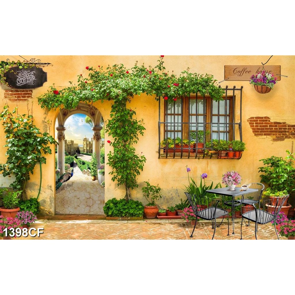 Tranh dán tường quàn cafe - trà sữa tường vàng