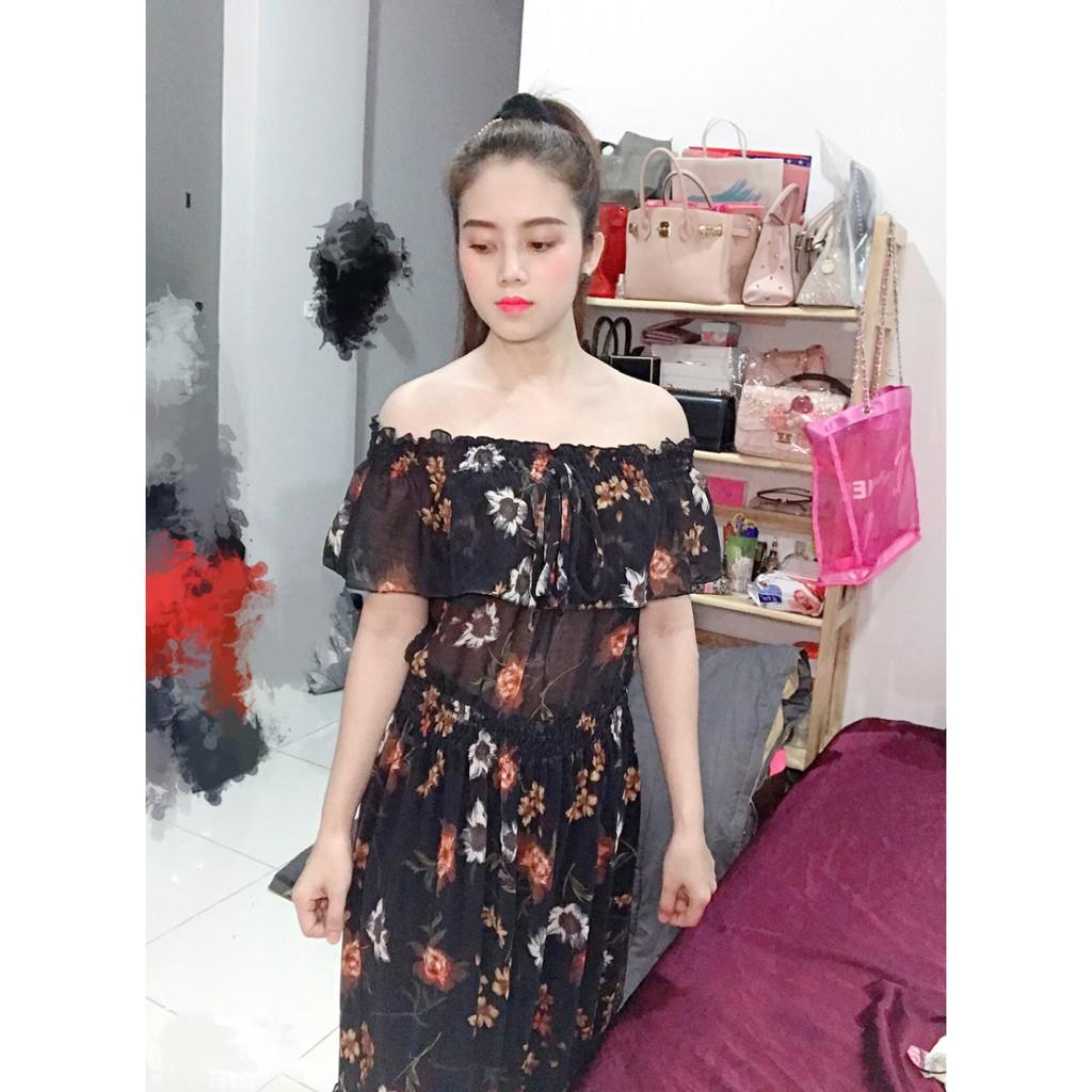 Hình Thật Đầm Maxi Hoa Bẹt Vai 2 Lớp Chất Voan Lụa 3 Màu Như Hình