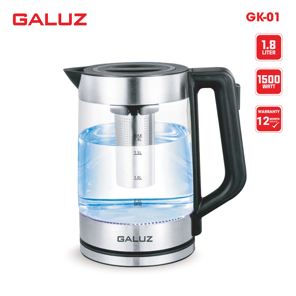 Ấm đun nước siêu tốc Galuz GK 01, dung tích 1.8L, công suất 1500W, bình thủy tinh trong suốt chịu nhiệt, chia vạch rõ nét, hàng chính hãng