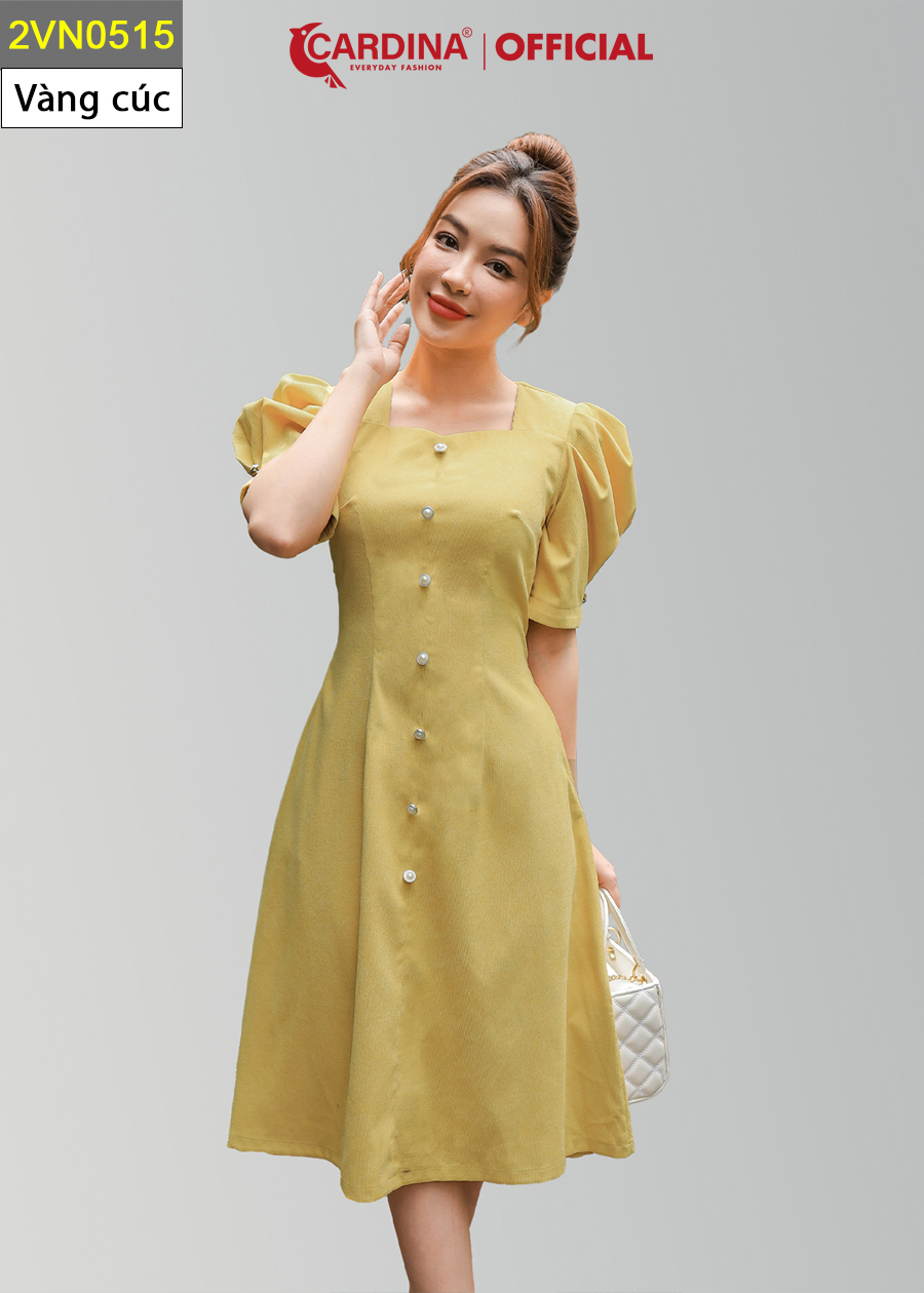 Đầm Nữ CARDINA Váy Công Sở Chất Nhung Tăm Cao Cấp Dáng Xòe Chữ A Cổ Vuông Tay Bồng Tôn Dáng Sang Trọng 2VN05