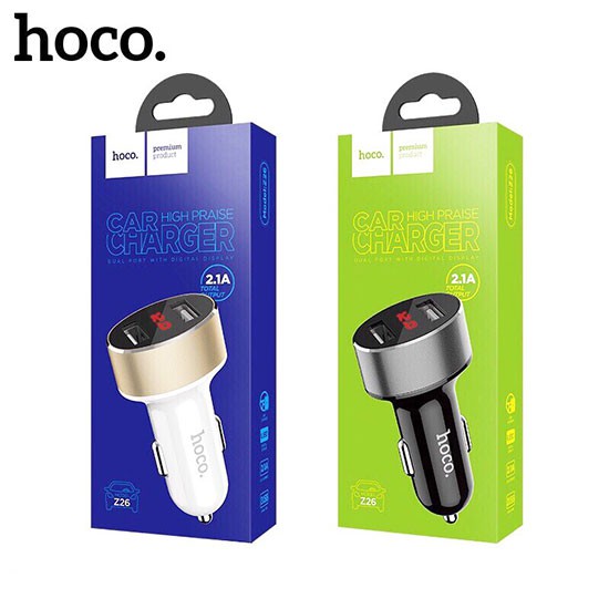 Tẩu sạc oto hoco z26 2 cổng sạc 2.4A có led hiển thị dùng cho ô tô xe hơi giao mầu ngẫu nhiên - hàng chính hãng