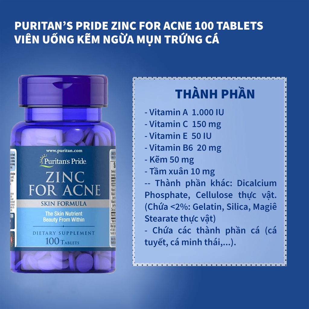 Kẽm hỗ trợ trị mụn, làm đẹp da mụn Puritan'S Pride Premium Zinc For Acne Mỹ gồm kẽm và Vitamin C, B-6, A và E - OZ Slim Store