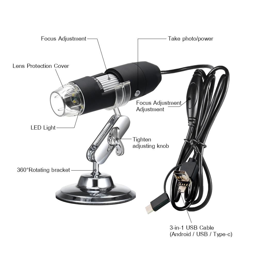 Kính lúp kính hiển vi zoom kỹ thuật số USB với chức năng OTG 8-LED Độ phóng đại 1600X có chân đế