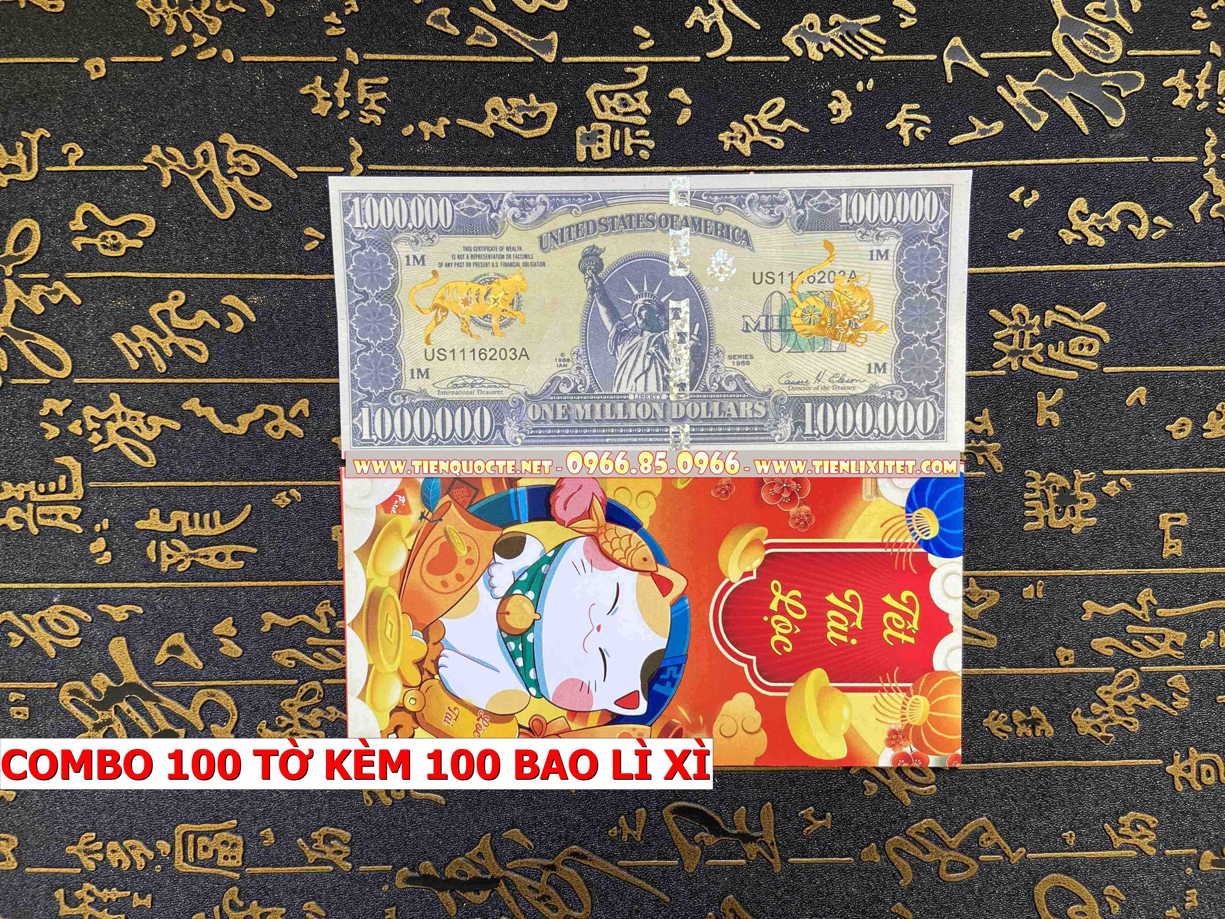 Cặp 100 tấm Lì xì tiền 2023 Tiền 1 Triệu Con mèo May Mắn Quý Mão, tặng kèm bao đỏ tài lộc 2023 CQTLNLGD02342