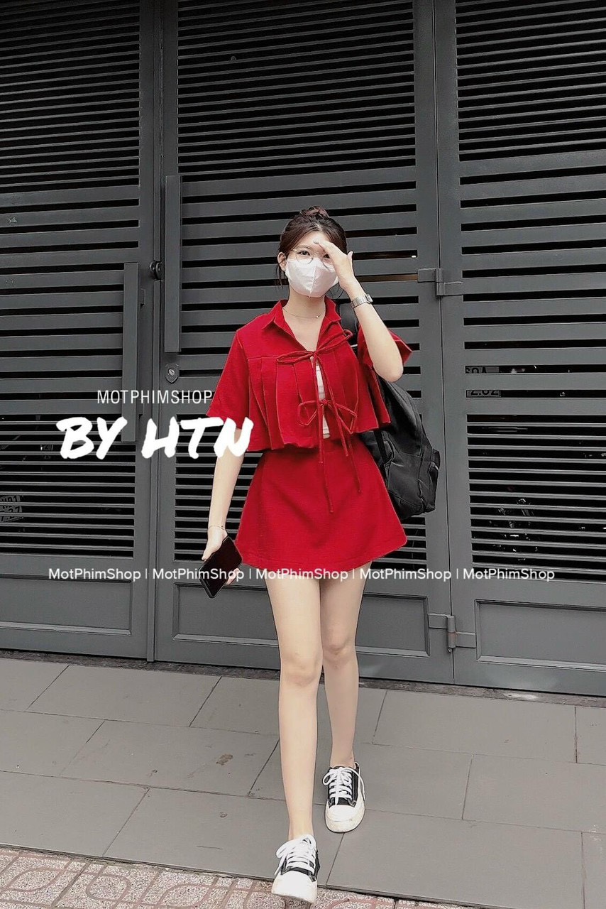SET ÁO KHOÁC LỬNG CROPTOP SUÔNG TRƠN CỔ SƠ MI XẾP LY FORM RỘNG TAY NGẮN + CHÂN VÁY NGẮN SUÔNG TRƠN ĐẦM  DẠO PHỐ DỰ TIỆC