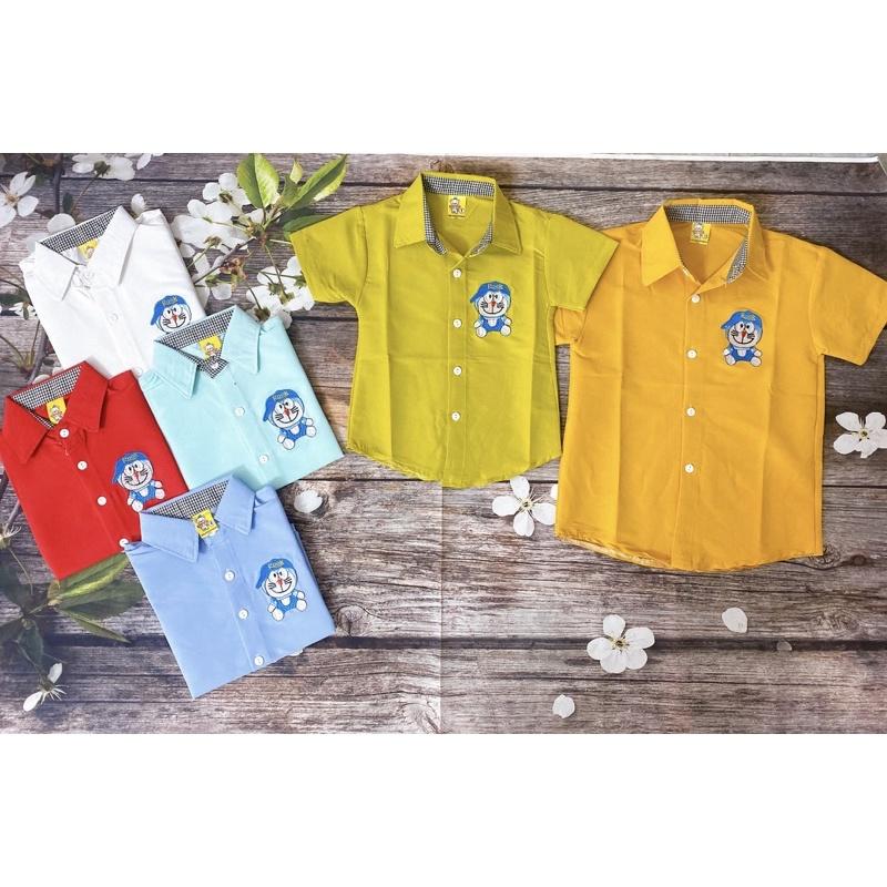 Áo Sơ Mi Bé Trai Size 10Kg-22Kg, 1-7 Tuổi Thêu Hình Đoraemon, Áo Tay Ngắn Chất Đẹp - Áo Xanh Ngọc 12-14Kg