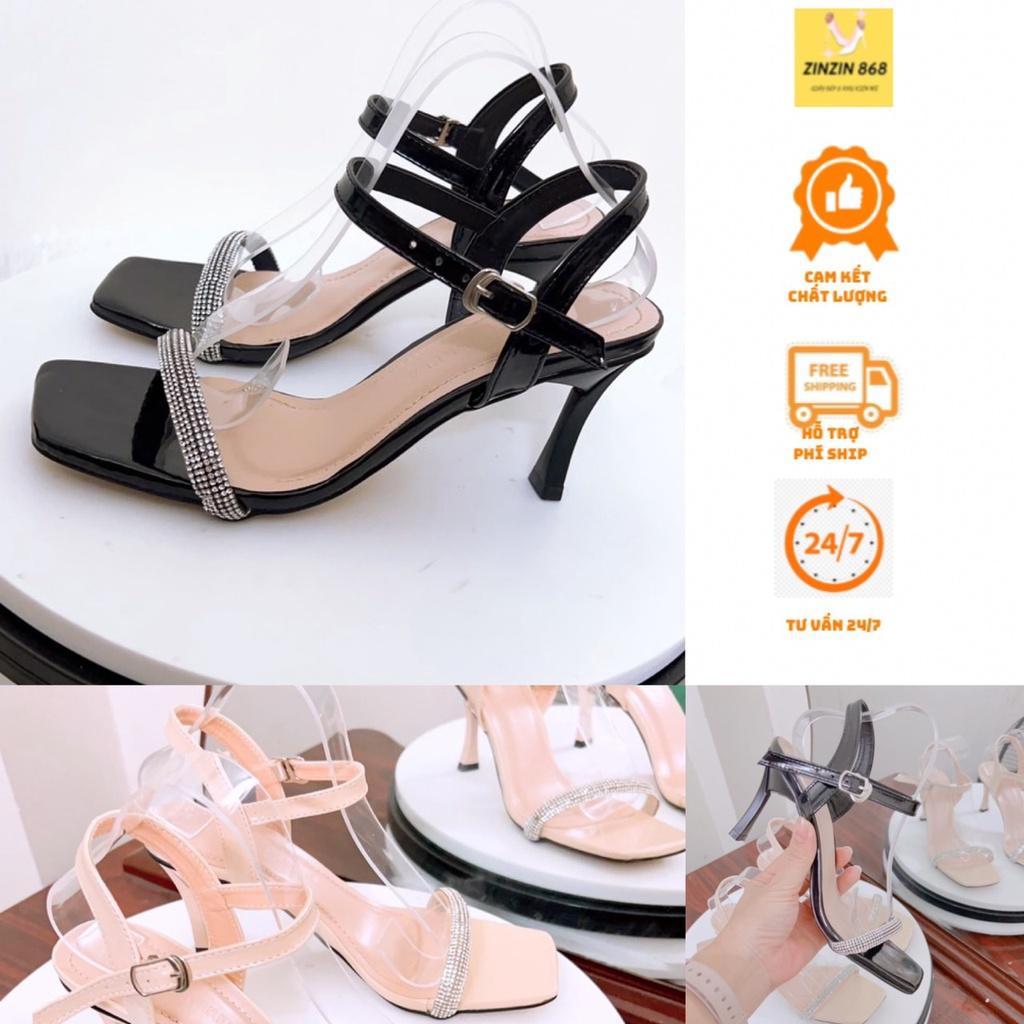 ( hậu đá 7cm)-GIÀY SANDAL CAO GÓT NỮ ĐẾ NHỌN 7-9 PHÂN QUAI ĐÁ MẢNH 2 MAU ĐEN KEM