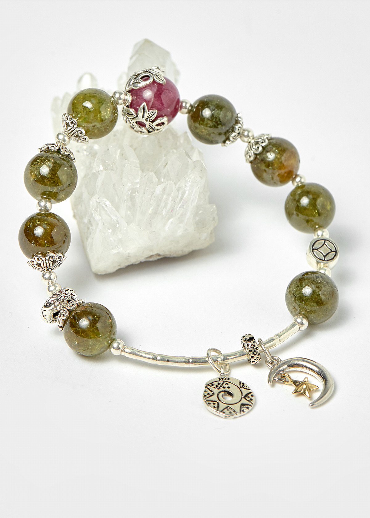 Vòng đá tourmaline xanh phối charm bạc hạt 11mm mệnh hỏa, mộc - Ngọc Quý Gemstones