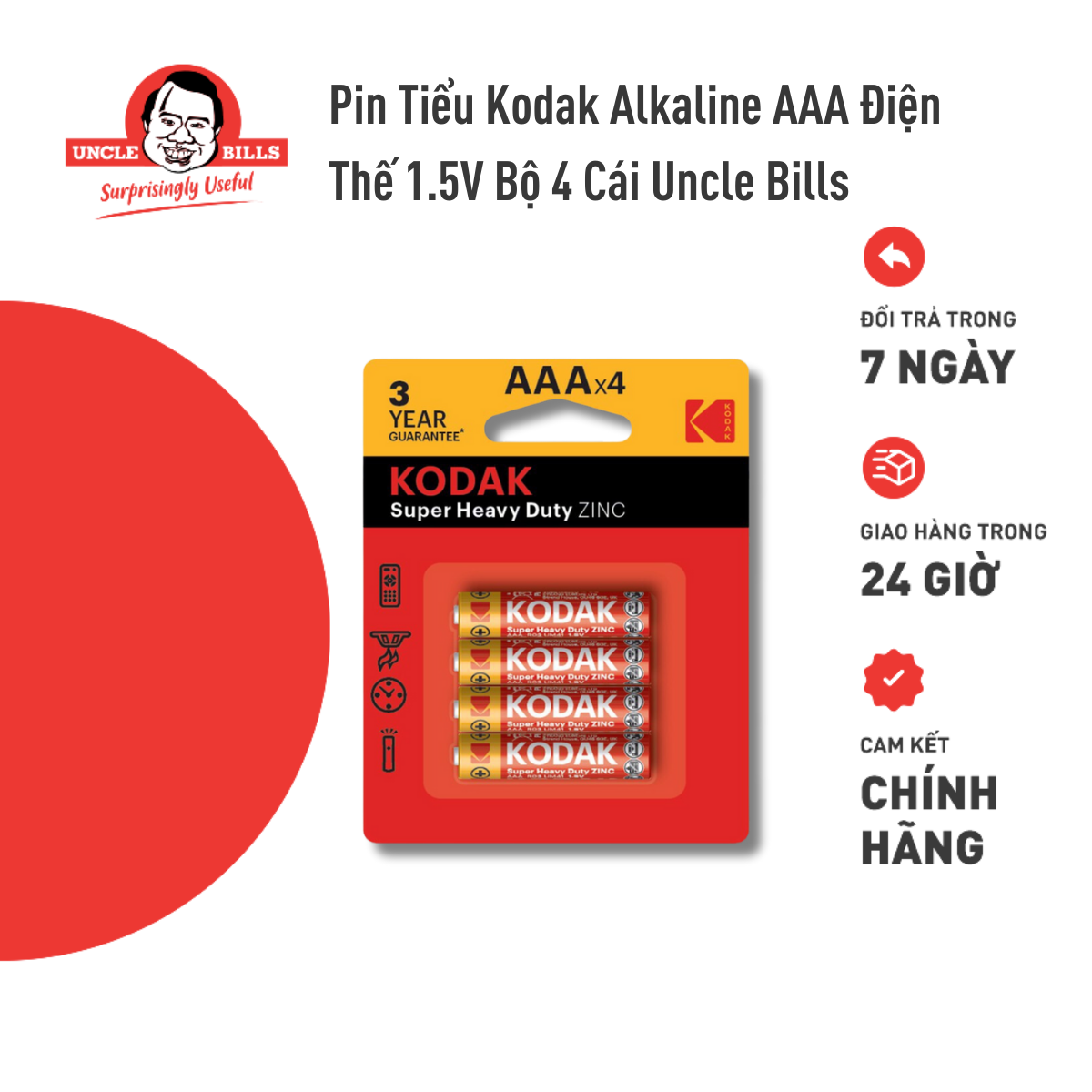 Bộ 4 Pin tiểu Kodak Alkaline AAA điện thế 1.5V Uncle Bills IB0120 