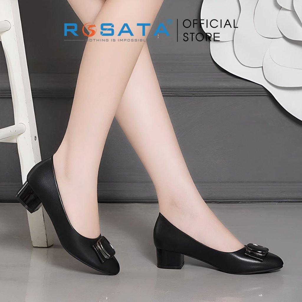 Giày búp bê ROSATA RO363 mũi nhọn đính nơ xỏ chân êm ái gót đế vuông 4 phân xuất xứ Việt Nam - KEM
