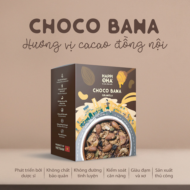 Ngũ Cốc Yến Mạch Nguyên Hạt Vị Cacao 400G Không Đường Tinh Luyện - CHOCO BANA GRANOLA HAPPI OHA - Ăn Kiêng/Ăn Sáng
