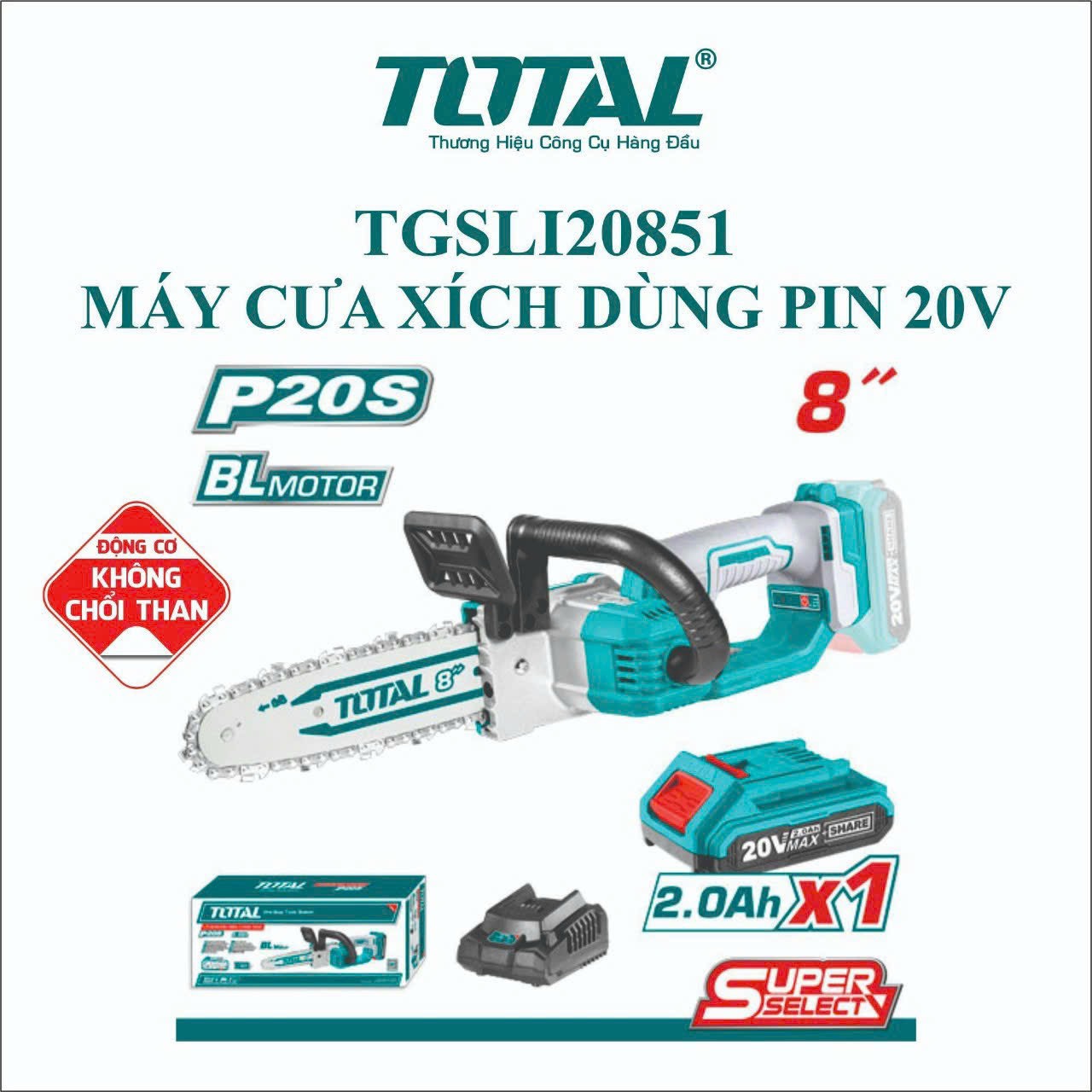 Máy cưa xích  dùng pin  Lithium 20V TOTAL TGSLI20851 - CHÍNH HÃNG