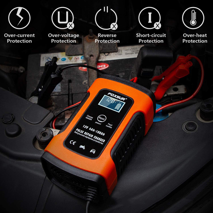 Bộ sạc ắc quy Foxsur 12V 5A FBC1205D tự ngắt khi đầy bảo dưỡng khử sunfat chống ngược cực