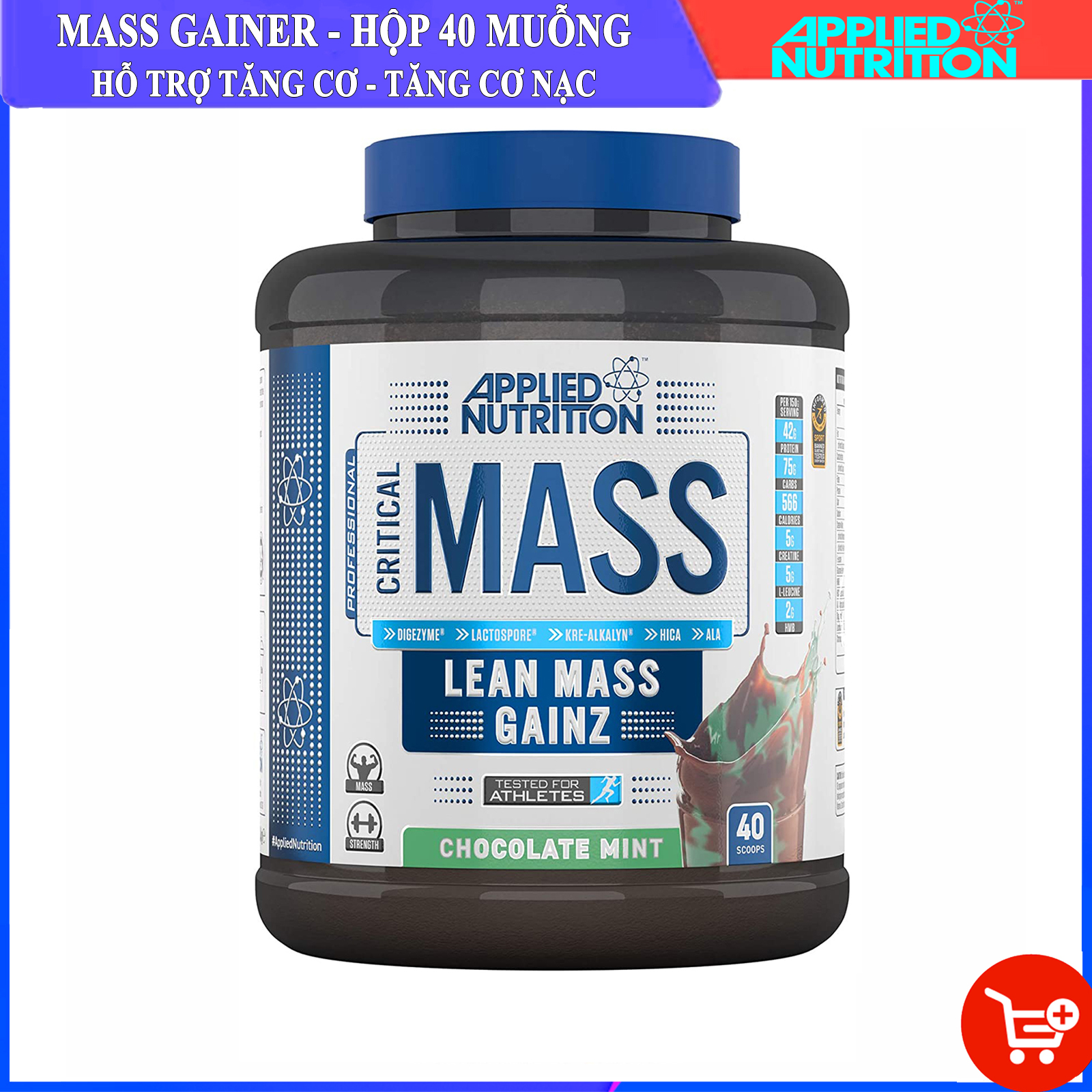 Sữa tăng cân tăng cơ nạc Critical Mass của APPLIED NUTRITION hương Socola Bạc Hà hộp 2.4kg hỗ trợ tăng cân, tăng cơ nhanh cho người gầy kén ăn