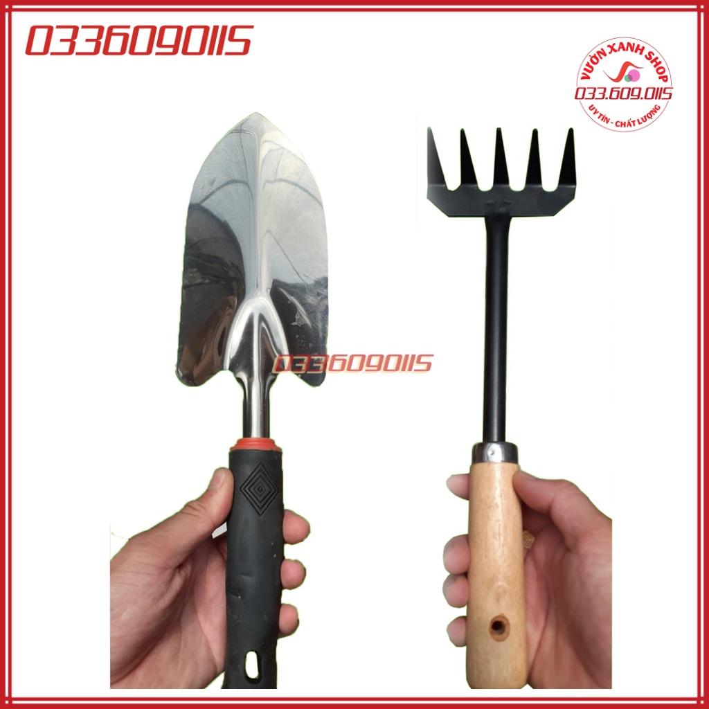 Combo 2 món: xẻng 30cm cán cao su + cào 5 răng cán gỗ - bộ dụng cụ thiết yếu cho khu vườn