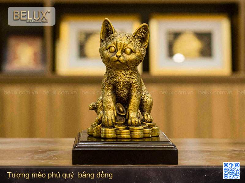 Tượng mèo phú quý bằng đồng 16x11x10cm