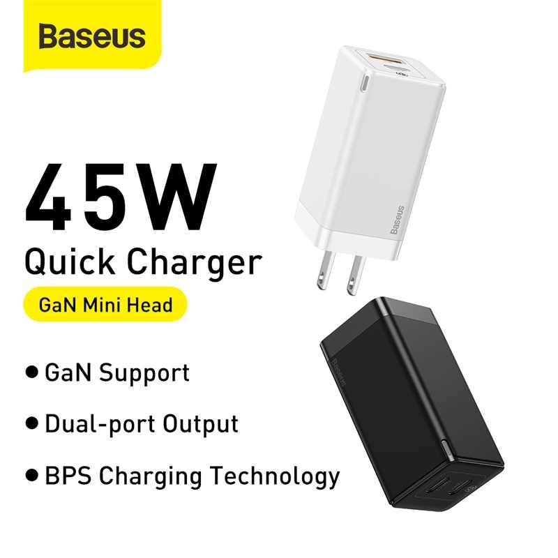 Adapter củ cóc sạc nhanh 45W đa năng USB &amp; PD type c hiệu Baseus GaN Mini Quick Charger chuẩn sạc nhanh PD 3.0 &amp; QC 4.0 tặng dây sạc nhanh Type-C 3A, công nghệ GAN thế hệ 2, chip BPS 2.0 - Hàng nhập khẩu