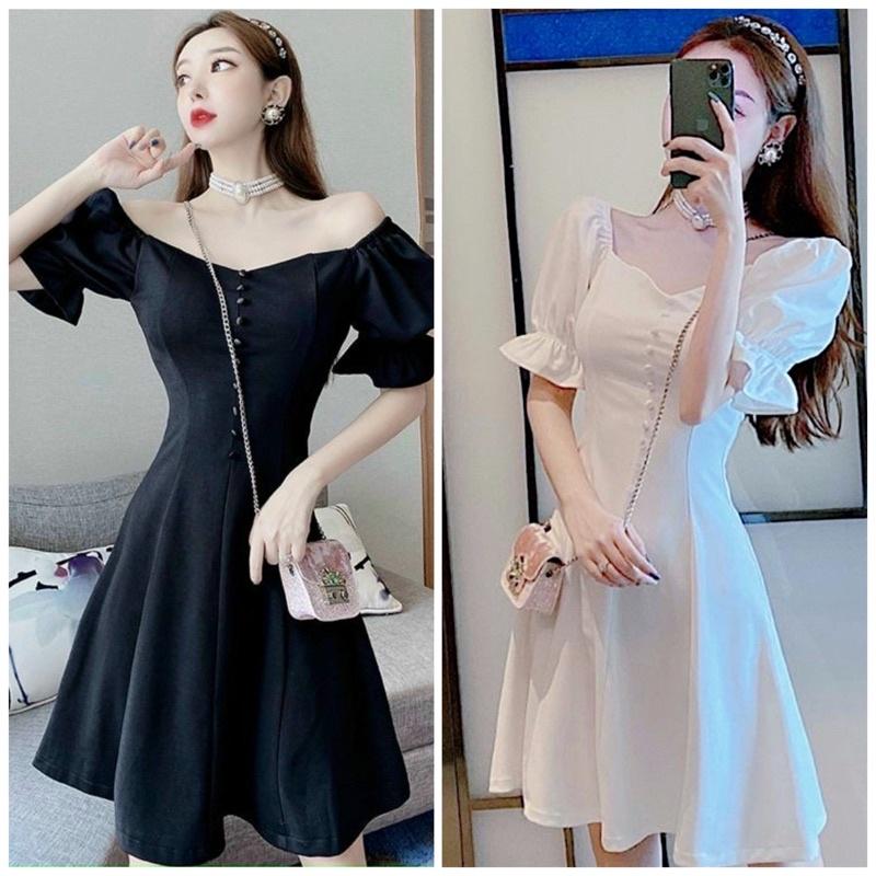 ĐẦM ĐI TIỆC Đầm váy cổ vuông nút bọc 2 màu
