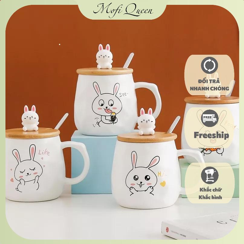 Ly sứ có quai, Ly thuỷ tinh dễ thương, Quà lưu niệm, họa tiết cute, kèm muỗng và nắp hình thỏ 450ml