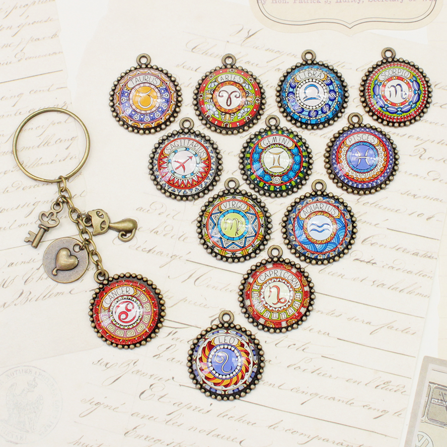 Móc khóa 12 cung hoàng đạo Zodiac màu sắc tươi sáng phong cách retro siêu đẹp 06646-MK0025