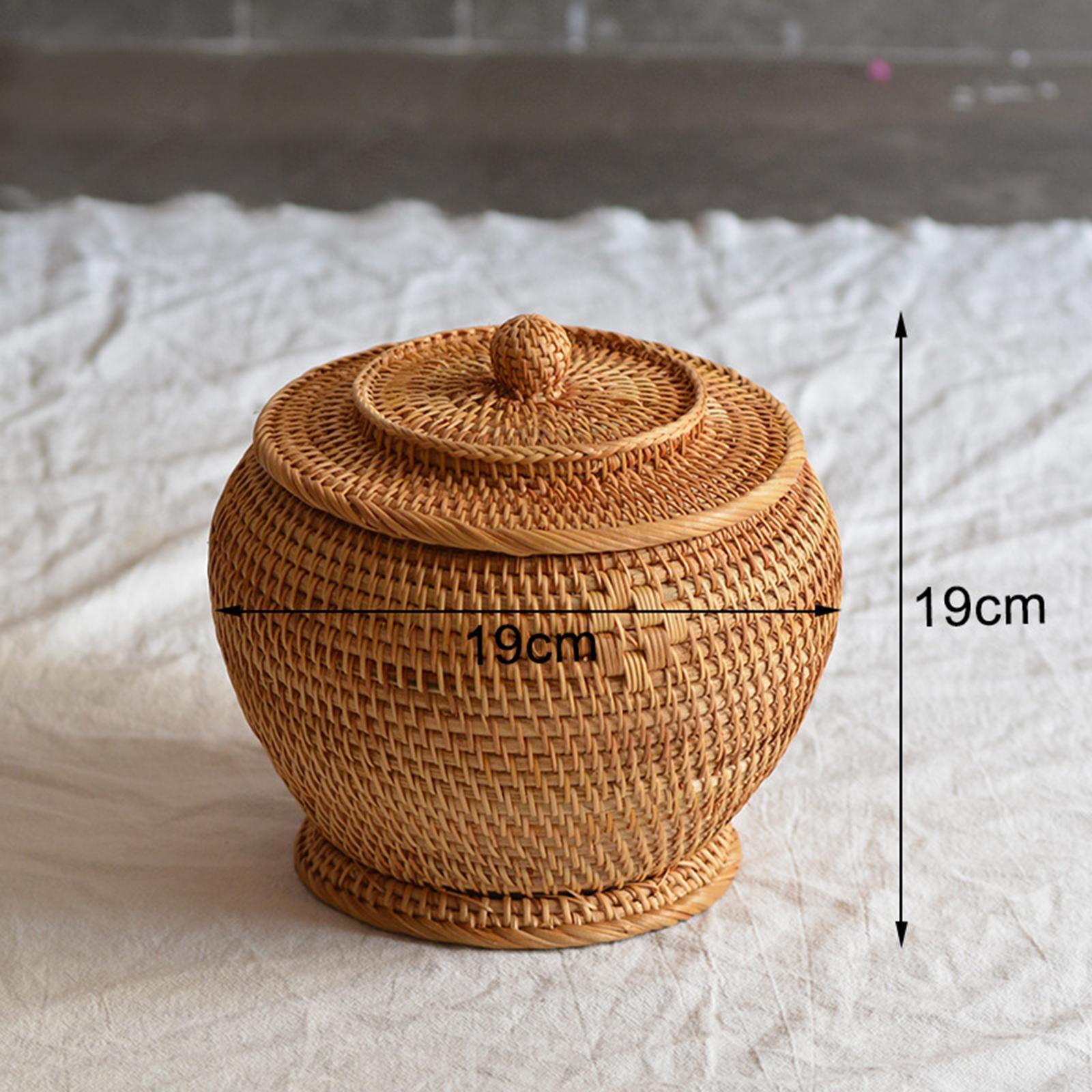 Rattan Woven Basket with Lid Durable Organizer Round for Vegetable Kitchen