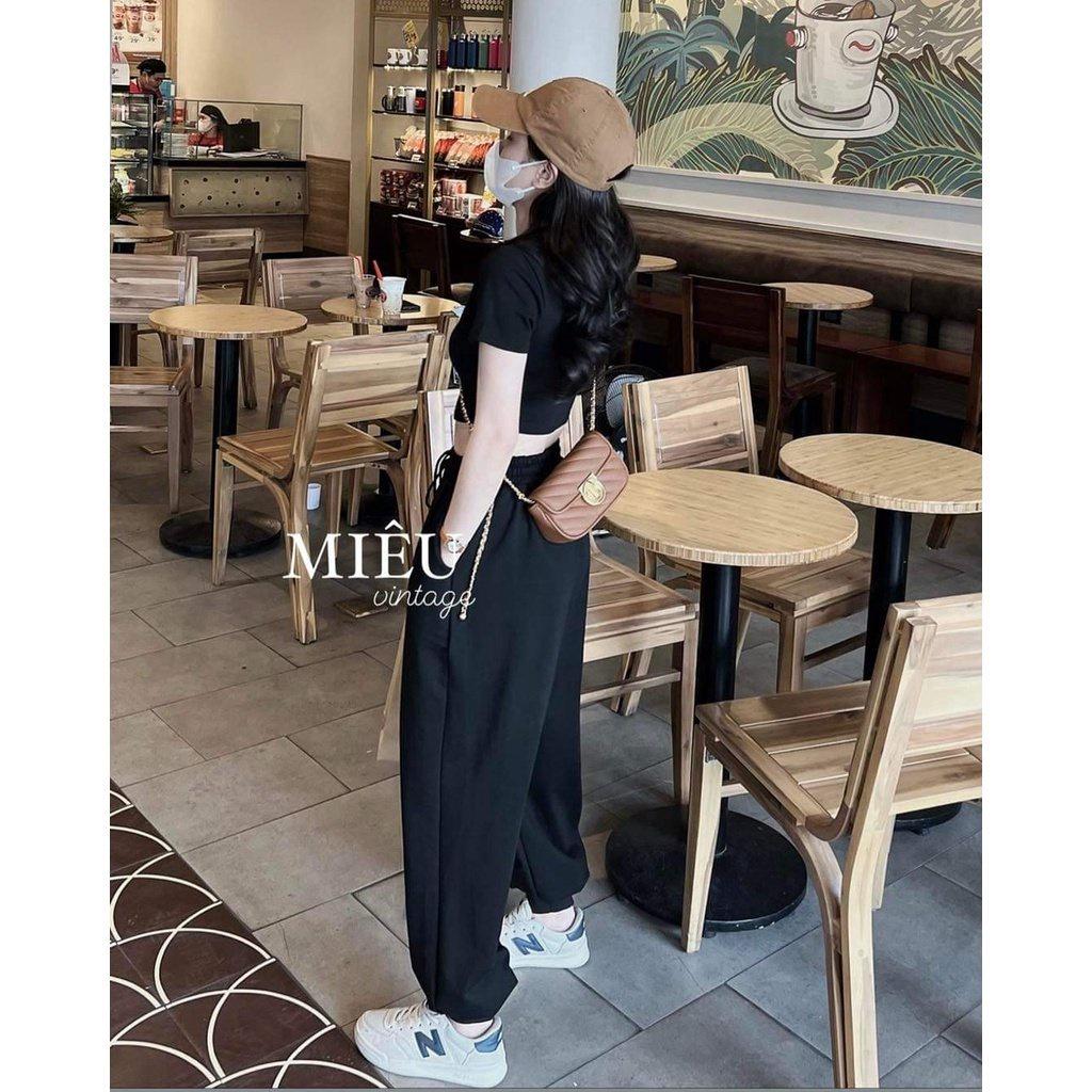 Set Bộ Áo Croptop Quần Jogger Nữ Thể Thao Set Áo Cộc Tay Quần Thun Ống Rộng 2 Màu Siêu Xinh