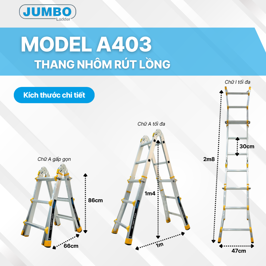 Thang nhôm trượt đa năng JUMBO A403 - Chữ A cao nhất 1.4m, chữ I cao nhất 3.0m, tải trọng 300kg