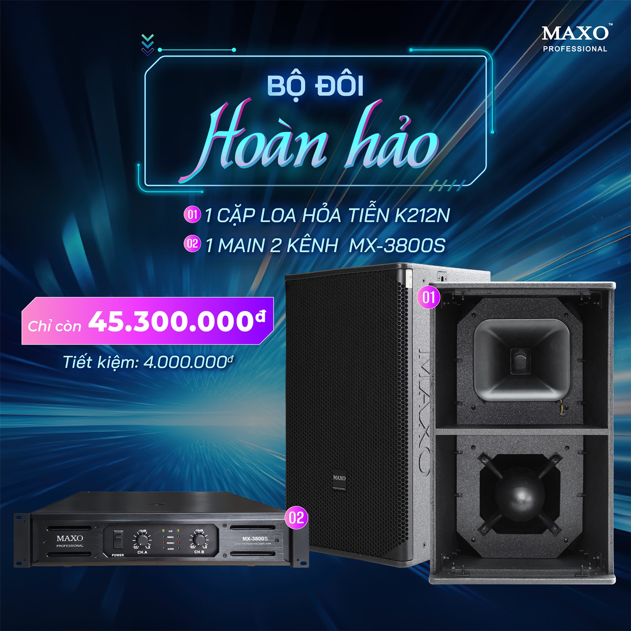 Combo Bộ Đôi Hoàn Hảo 1 cặp Loa Hỏa Tiễn K212N, 1 Main 2 kênh MX-3800S  - Hàng Nhập Khẩu Chính Hãng