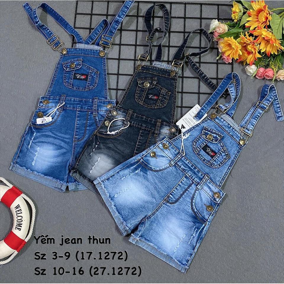 Yếm jean bé gái sort đùi chất jean co giãn cho bé diện đi chơi đi học