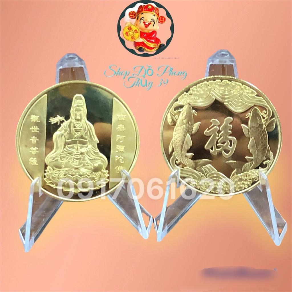 Đồng Xu Quan Âm-Cá Chép Mạ Vàng Tặng Kèm Túi Gấm Tài Lộc May Mắn