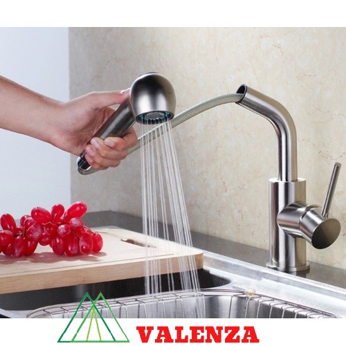 Combo chậu rửa bát 1 hố inox sus304 Valenza 6045, vòi rửa bát dây rút 02, xả chậu, rổ, bình xà phòng