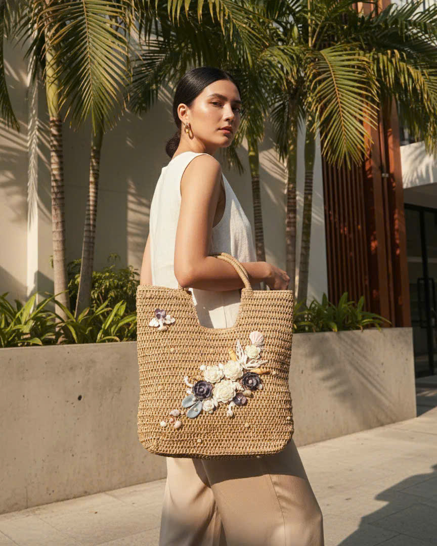 Giỏ Cói Giấy Mềm Dáng Tote Gắn Vỏ Sò, Giỏ Cói Tote Lan Châu ACC142