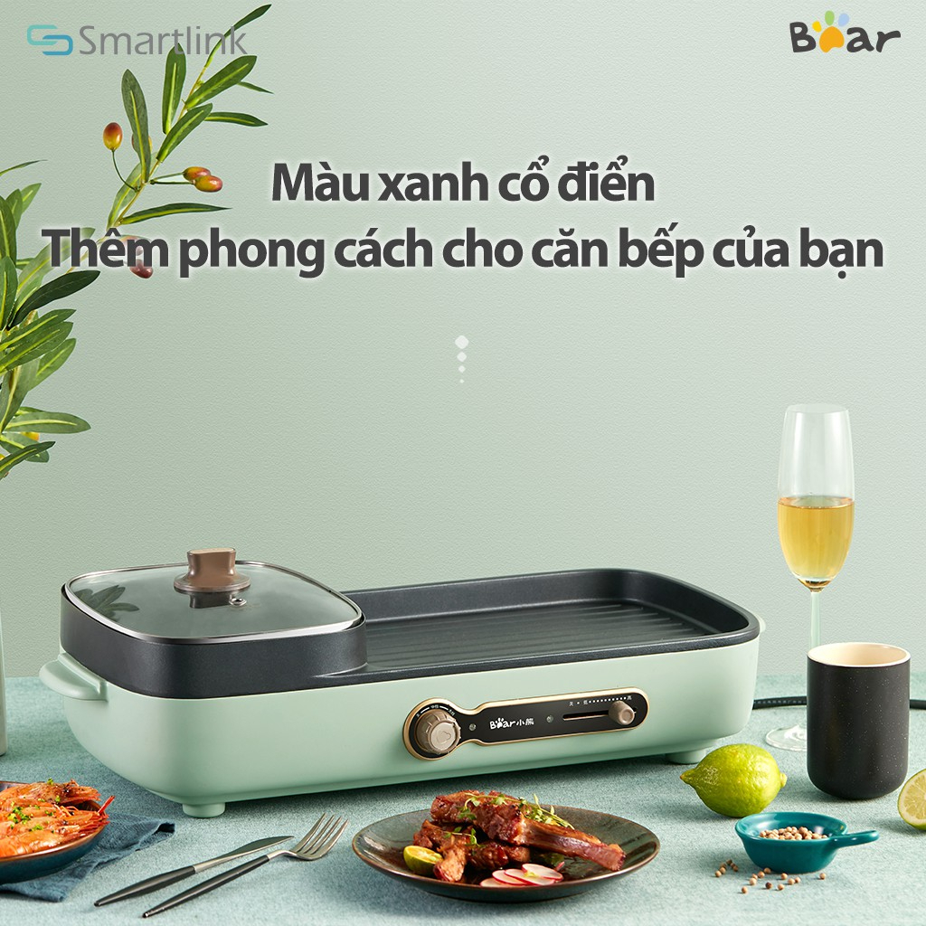 Bếp lẩu nướng điện 2 ngăn Bear DKL-C15G1 - Dung tích 3L, chống dính, dễ vệ sinh, thanh gạt điều chỉnh nhiệt độ - HÀNG CHÍNH HÃNG