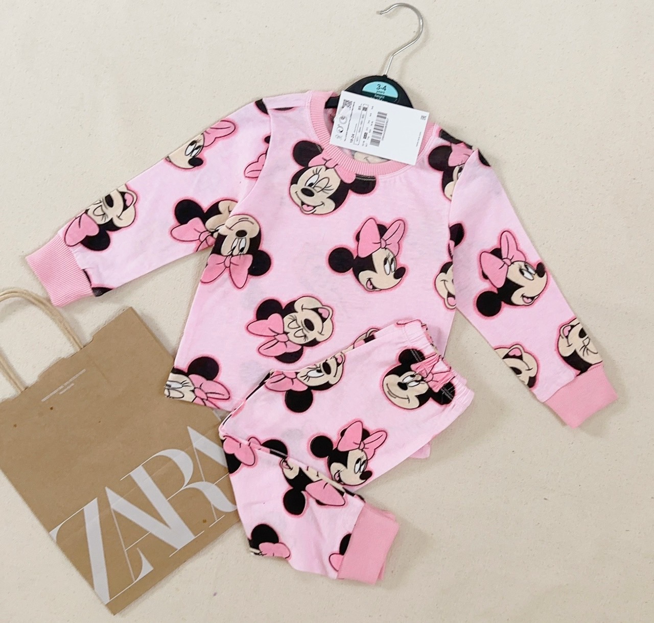 Set 2 bộ cotton dài tay bé gái Minnie trắng hồng 9-20kg