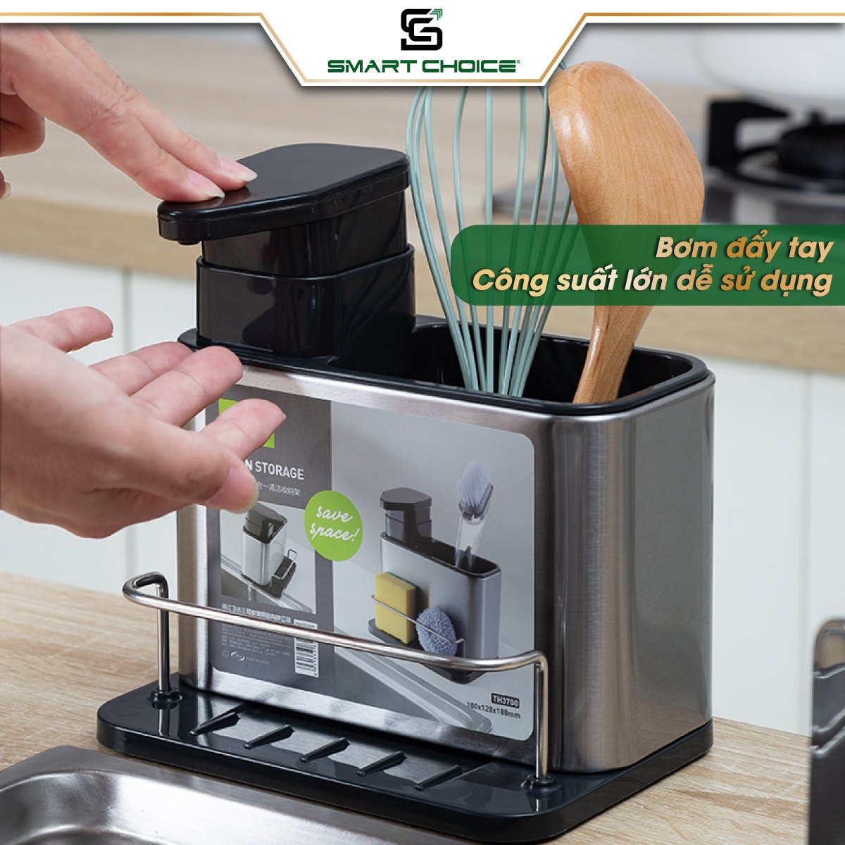 Kệ Để Đồ Rửa Chén SMARTCHOICE, Hộp Đựng Nước Rửa Chén 3 In 1 Kèm Giá Để Đồ Rửa Bát Và Thanh Treo Khăn Lau Cao Cấp - Hàng Chính Hãng