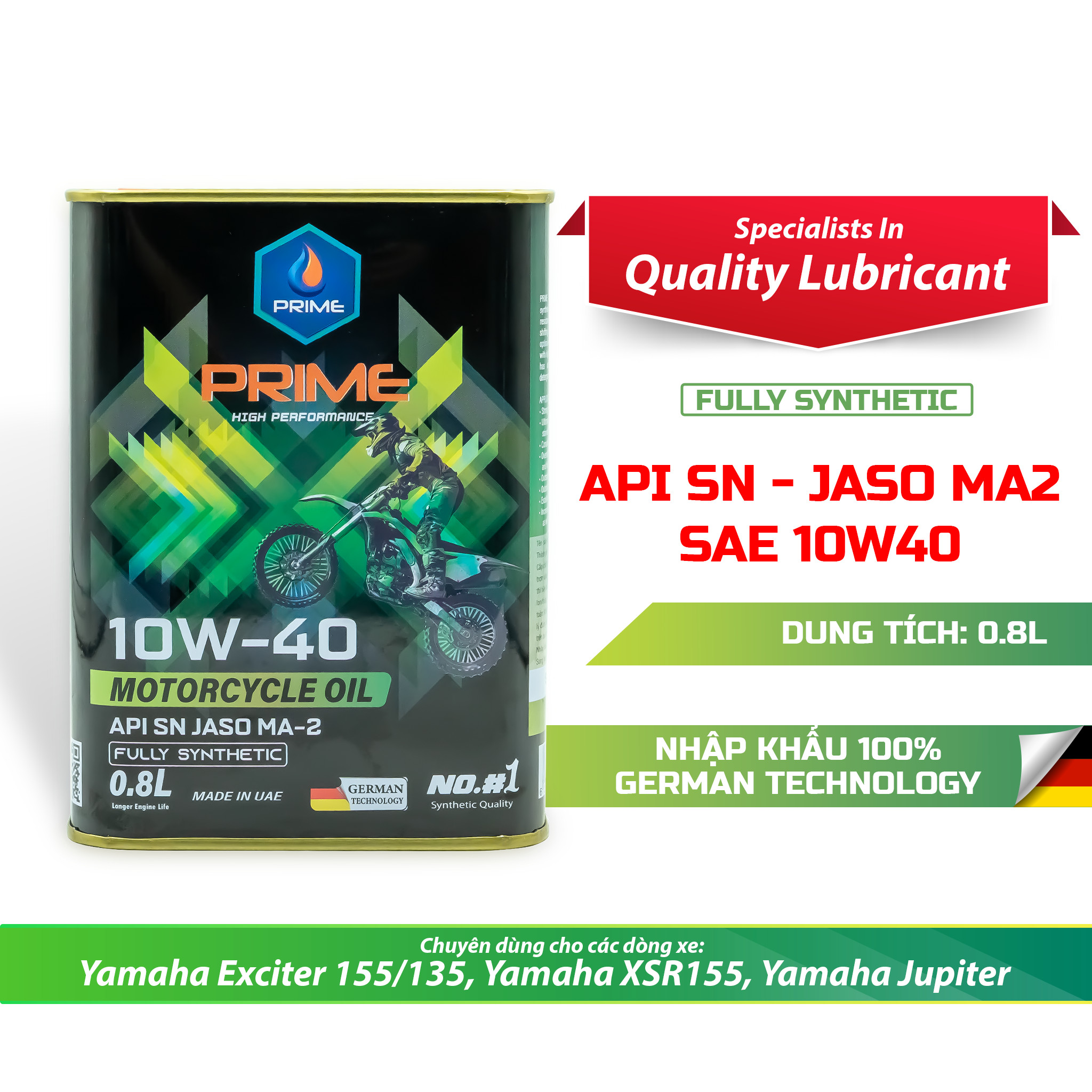 Nhớt tổng hợp toàn phần PRIME 10W40 SN MA2 Fully Synthetic, Lon vuông 800ml - Nhớt PRIME Lubricants Nhập Khẩu Dubai